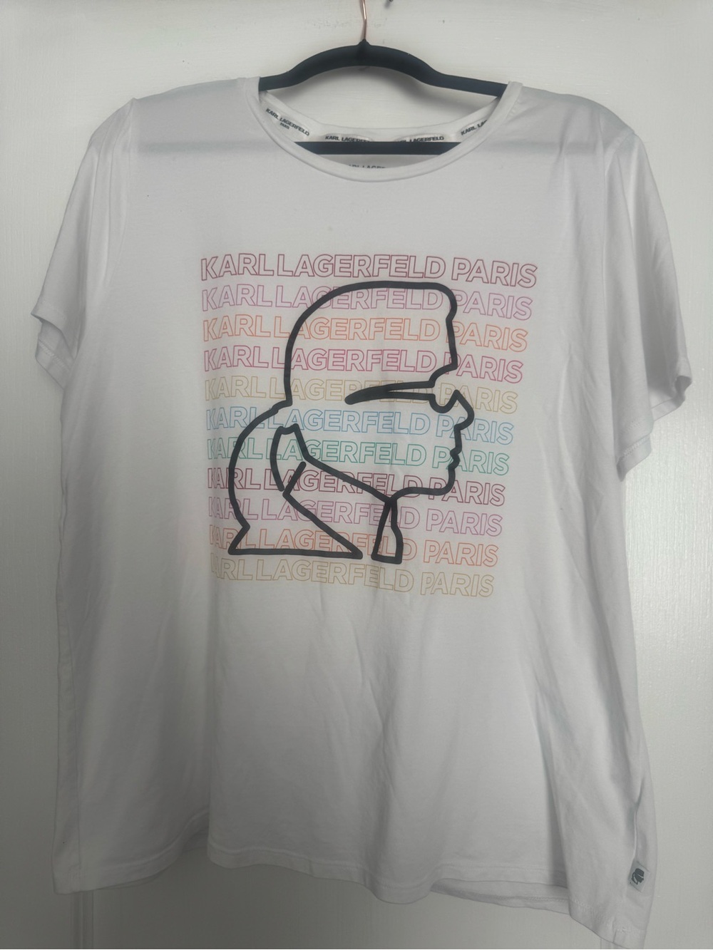 Karl Lagerfeld White Tee with Pastel Rainbow Logo